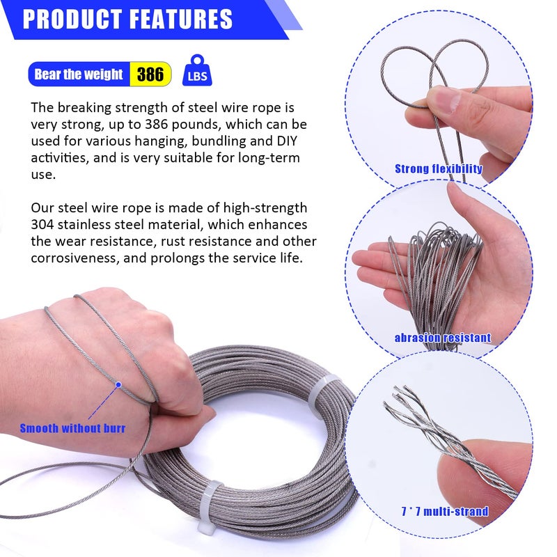 Twidec/Wire Rope Crimping Tool Kit Up To 2.2mm Swaging Tool With 165FT 1/16'' 304 stainless steel Wire Rope And 150PCS 1/16''Aluminum Crimping Loop Sleeve 20PCS Wire Rope Thimbles - Image 5
